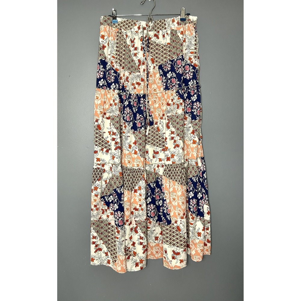 Boho Patchwork Maxi Skirt XL Bright Multicolor Floral Elastic Waist Peasant Fall